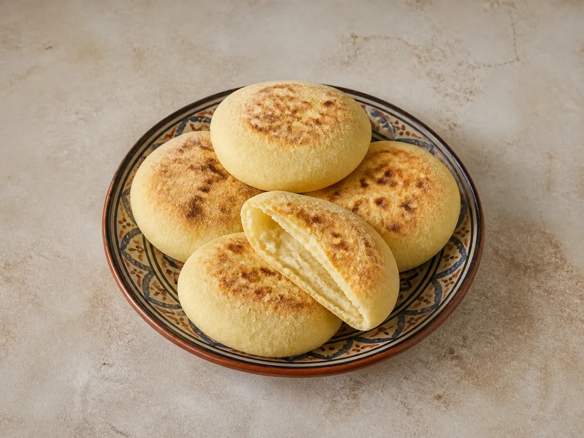 Stack of puffed Moroccan batbout breads with toasted brown spots