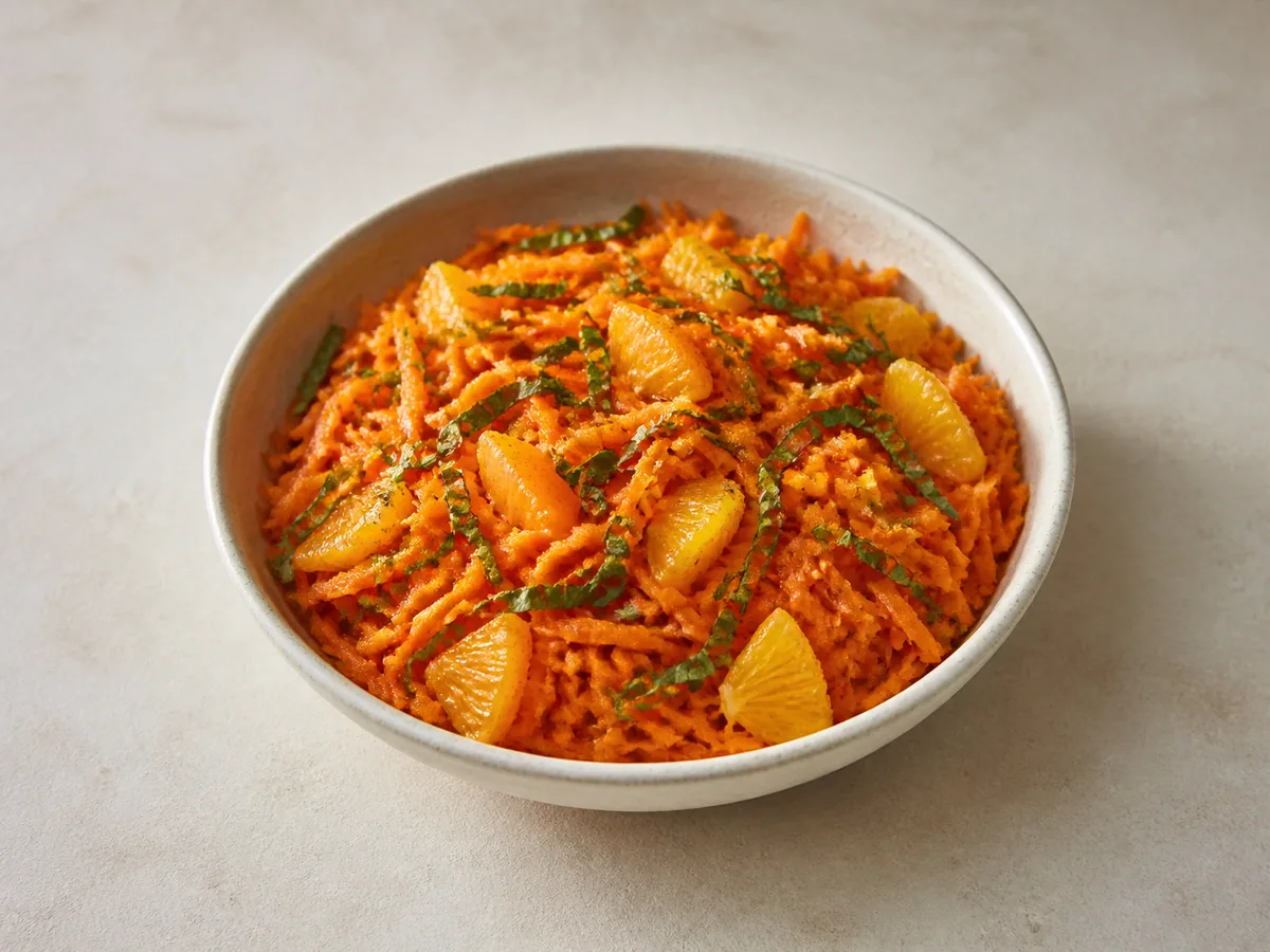Tigela rasa de salada marroquina de cenoura e laranja com hortelã fresca