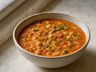 Tazón de sopa harira marroquí con garbanzos, lentejas, cilantro y limón