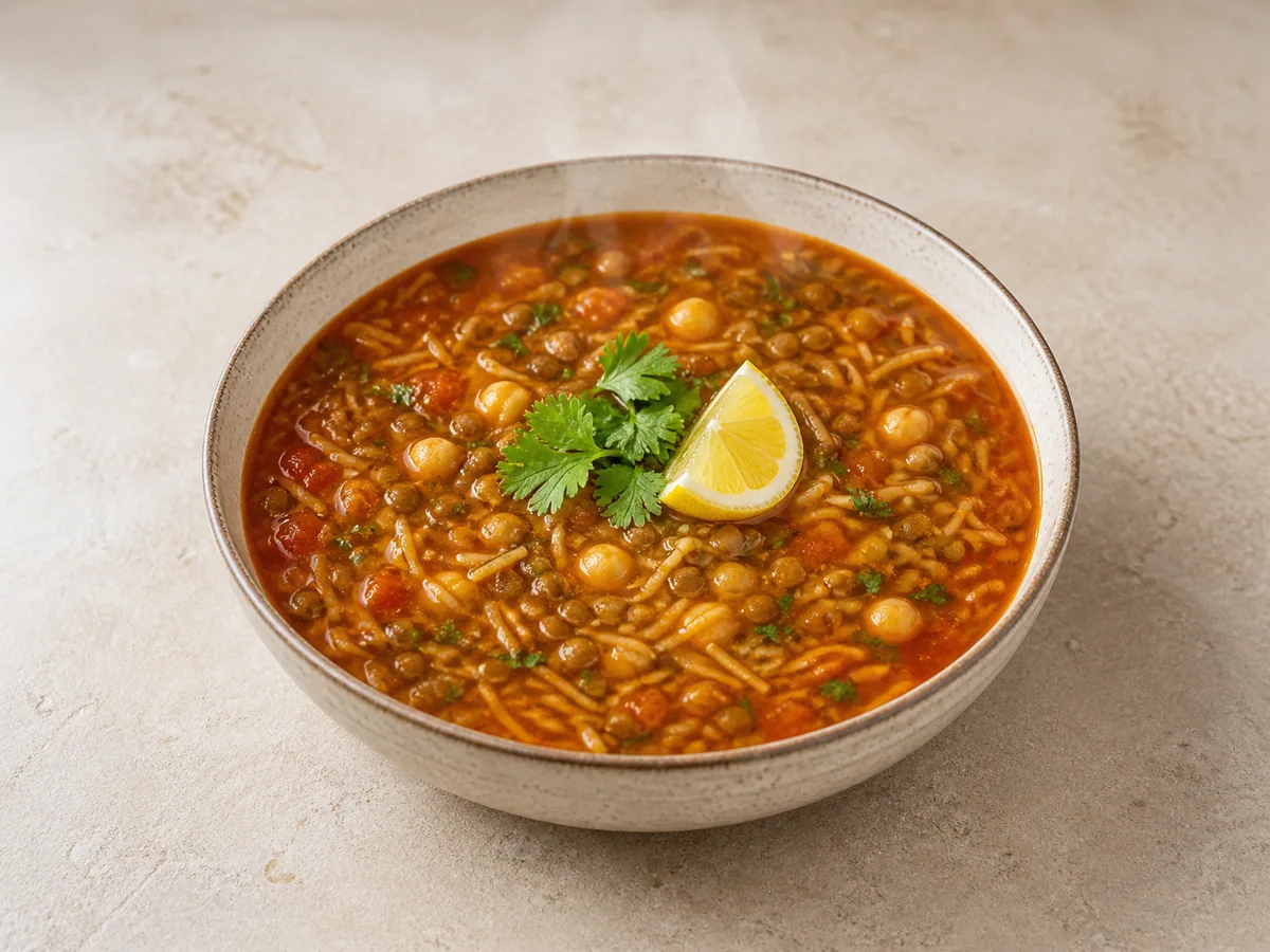 Tazón de sopa harira marroquí con garbanzos, lentejas, cilantro y limón