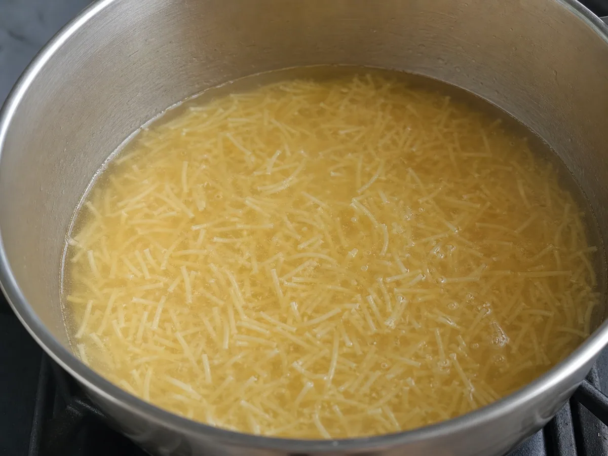 Fideos finos tiernos y separados en sopa harira marroquí fluida