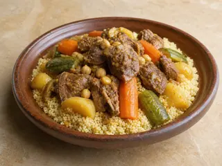 Cuscús marroquí de cordero con garbanzos y verduras en una fuente amplia