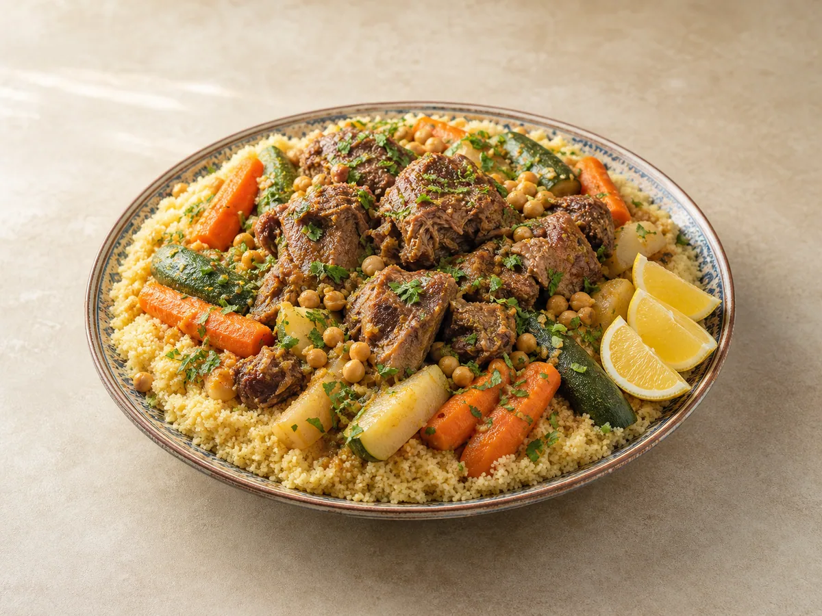 Cuscús marroquí con cordero, garbanzos y verduras en una fuente amplia