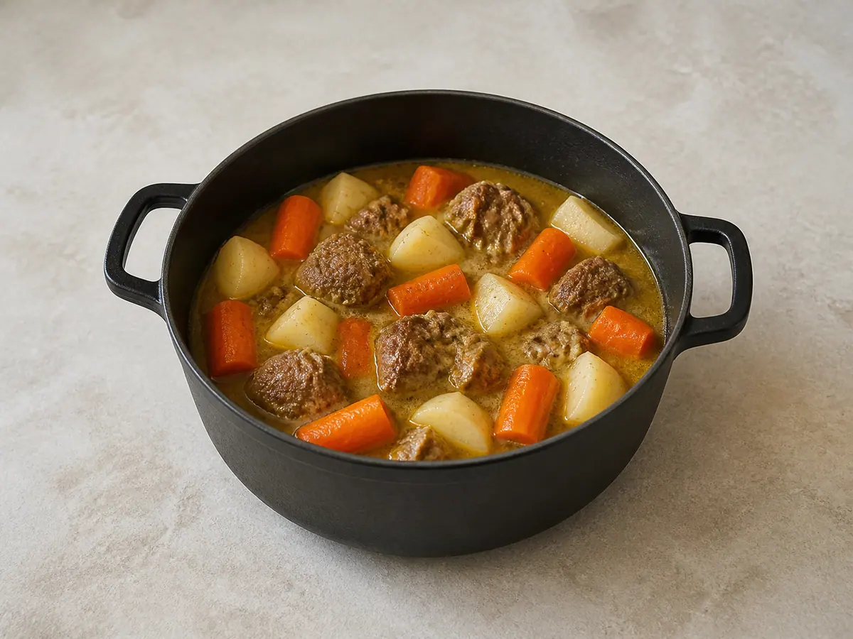 Lamb and golden broth with carrot and turnip chunks added before zucchini and chickpeas