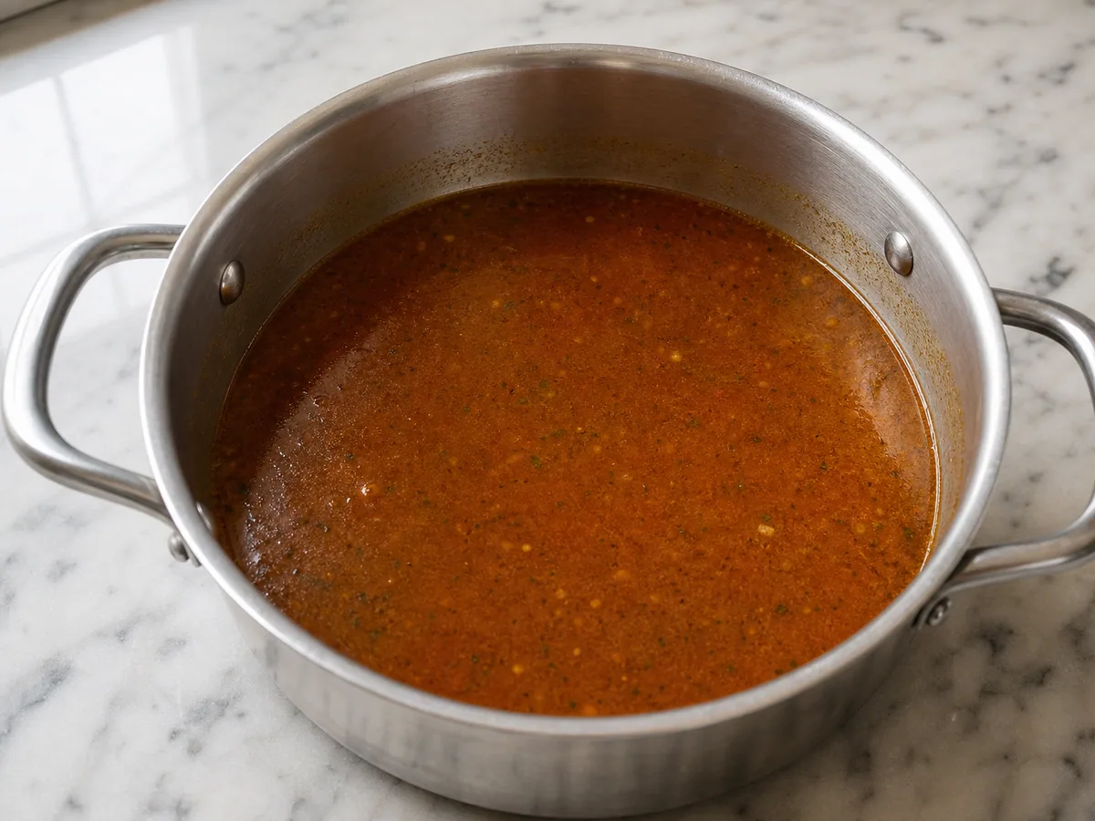 Cebolla especiada y pasta de tomate oscurecida en la olla antes de añadir el caldo al cuscús marroquí de cordero