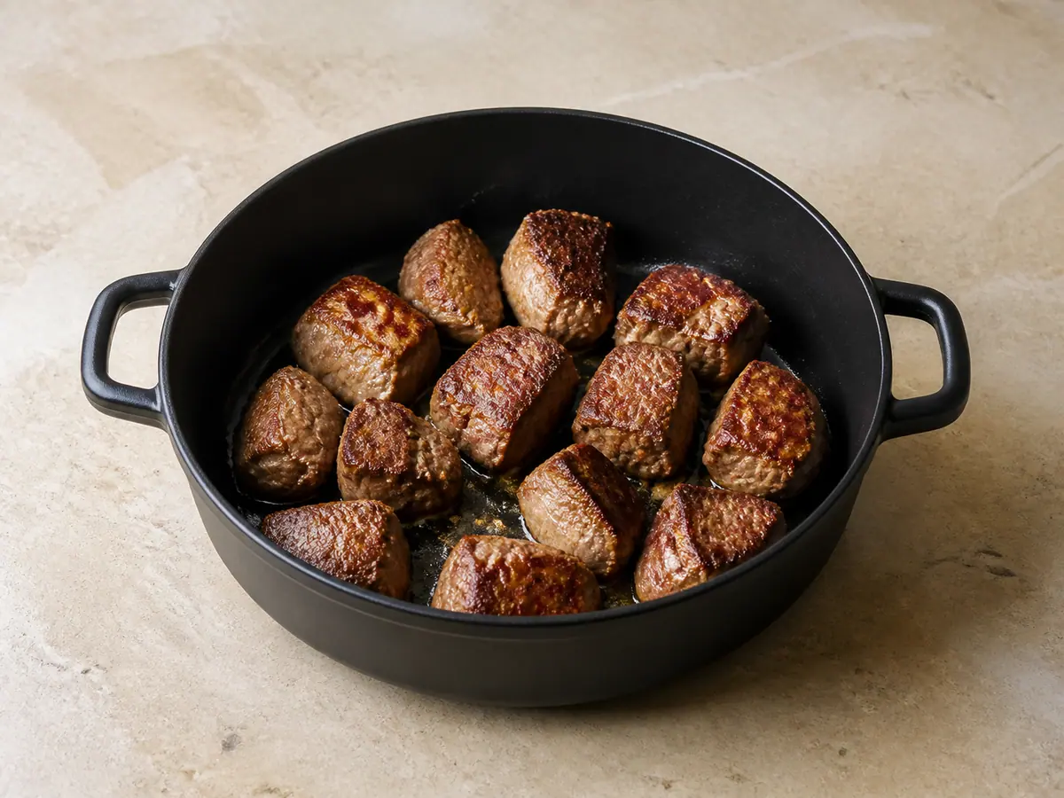 Deeply browned lamb shoulder pieces in a heavy stew pot before vegetables are added