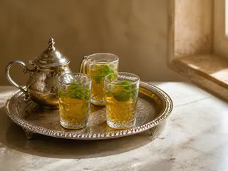 Té marroquí de menta en vasos pequeños junto a una tetera plateada y hierbabuena fresca