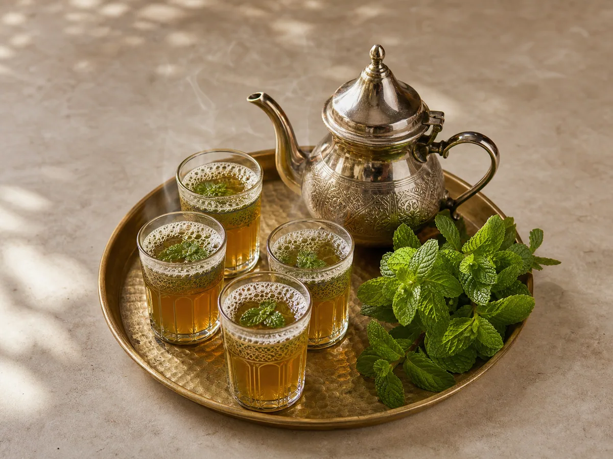 Moroccan mint tea in small glasses beside a silver teapot and fresh spearmint