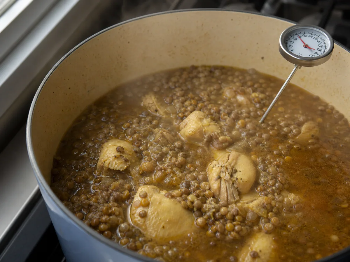 Sobrecoxas de frango completamente cozidas com lentilhas marrons macias no caldo da rfissa marroquina