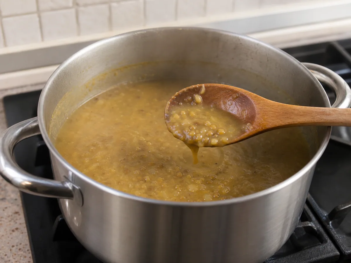 Caldo fluido de lentilhas e cebola cobrindo levemente uma colher para rfissa marroquina
