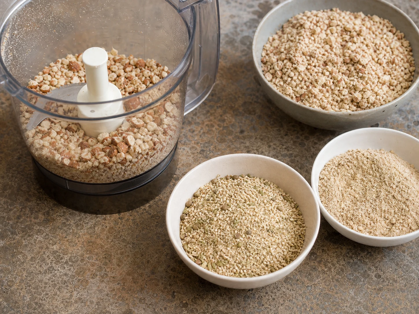 Coarse toasted almond meal and fine sandy sesame-spice meal together in a bowl for Moroccan sellou