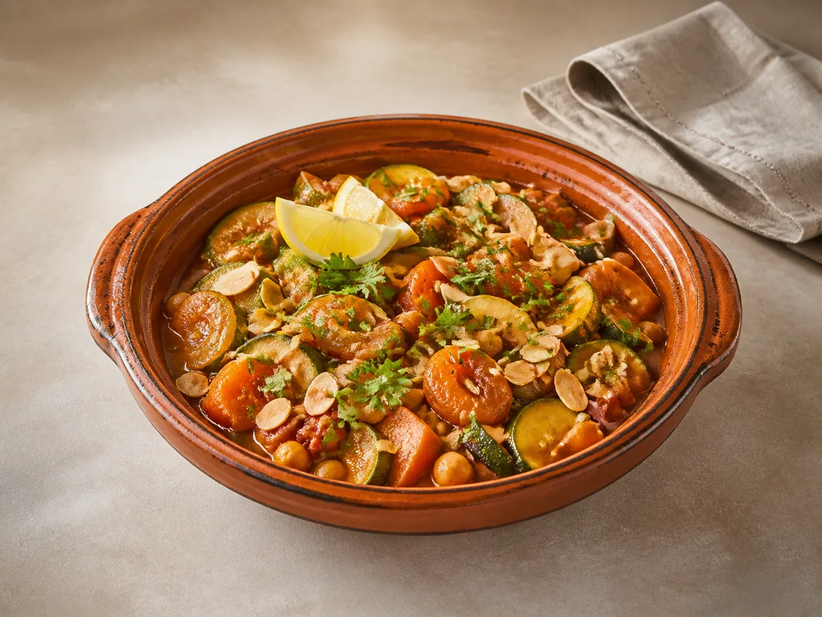 Tajine marroquina de legumes com grão-de-bico, damascos, coentro e amêndoas