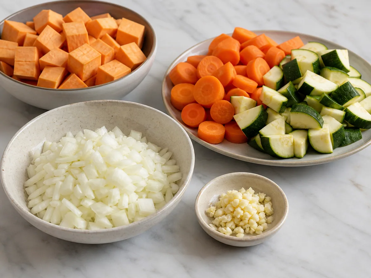 Cebolla, ajo, camote, zanahorias, calabacín, albaricoques, cilantro y garbanzos preparados para el tajín marroquí de verduras