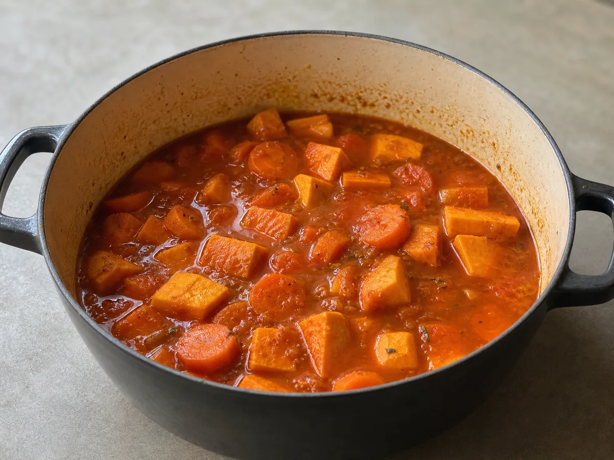 Camote, zanahorias, tomates y albaricoques parcialmente tiernos en el tajín tapado