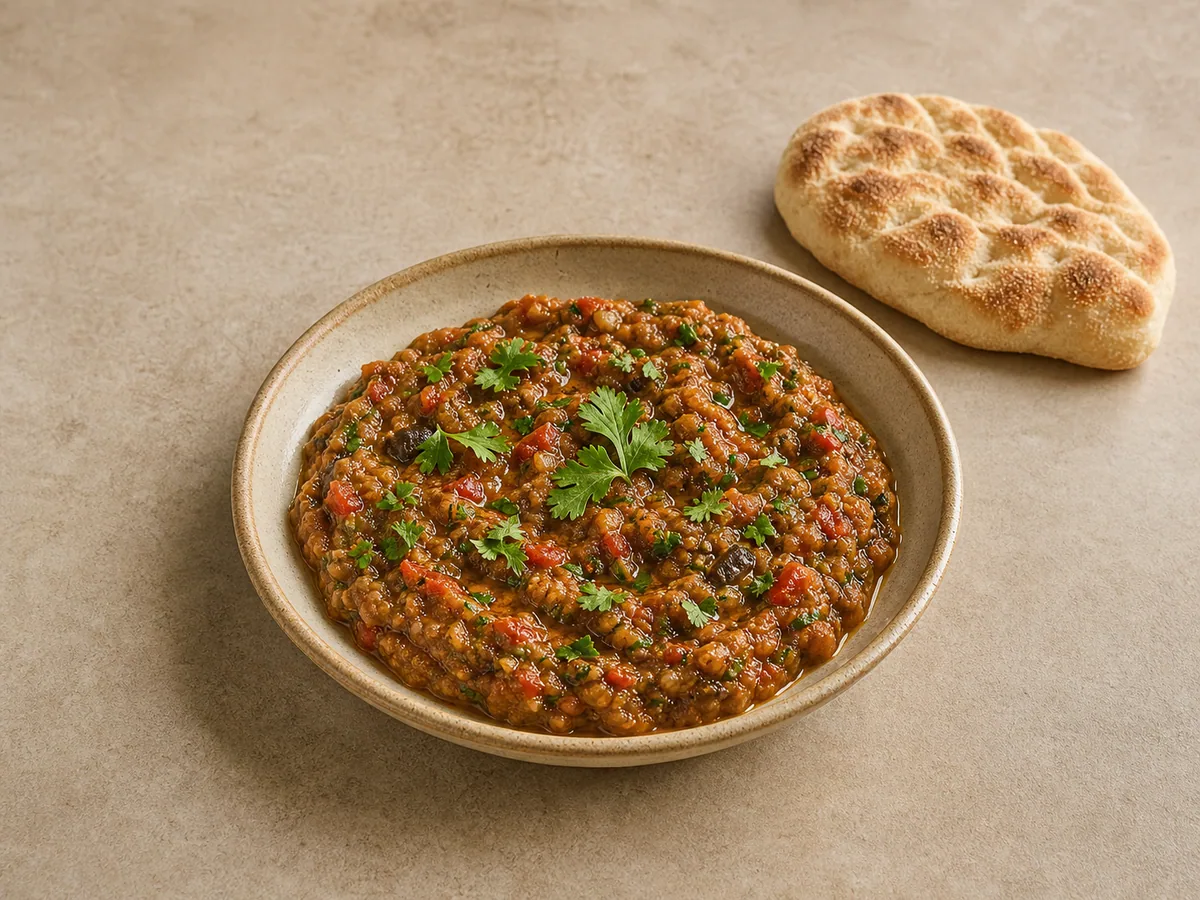 Shallow bowl of Moroccan zaalouk garnished with fresh herbs