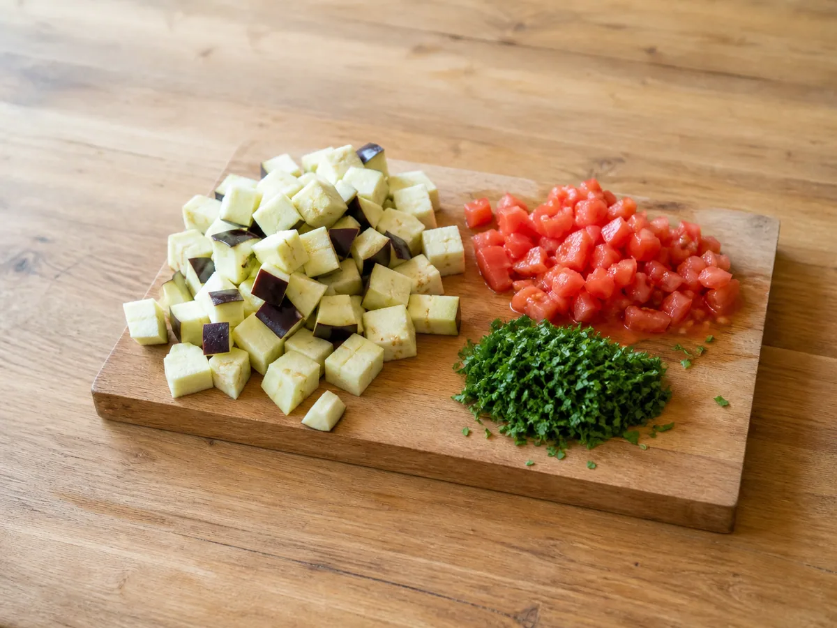Berenjena preparada, tomates rallados, ajo y hierbas para el zaalouk marroquí