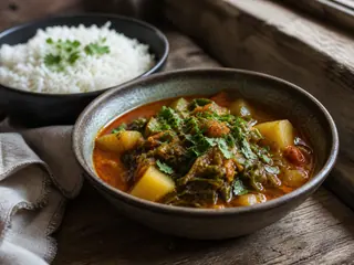 Tazón de sopa nepalí de gundruk y papa con cilantro
