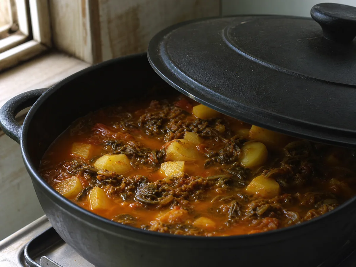 Sopa nepalesa de gundruk e batata cozinhando até as batatas ficarem macias