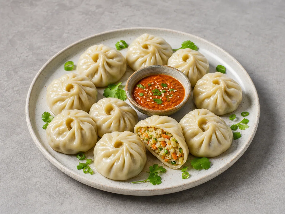Steamed Nepalese vegetable momos arranged around tomato sesame achar