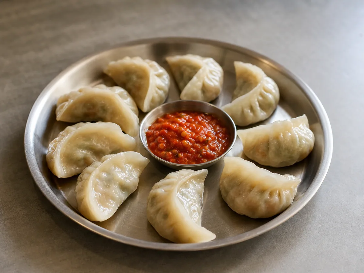 Momos de verduras cocidos, separados en la vaporera, con envolturas translúcidas y firmes