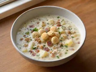 Tigela de sopa cremosa de mariscos da Nova Inglaterra com bacon, salsa e bolachas de ostra