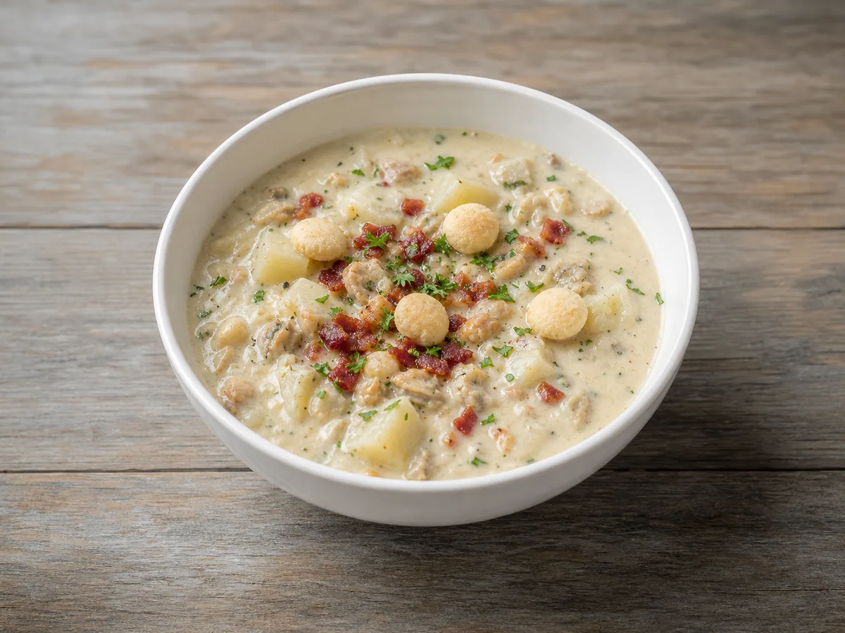 Tigela de ensopado cremoso de mariscos da Nova Inglaterra com bacon, salsinha e biscoitinhos salgados para sopa