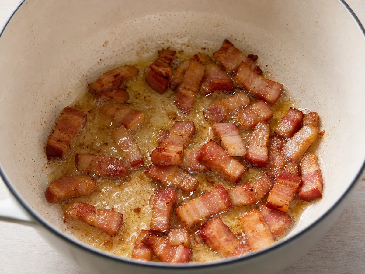 Trozos de tocino dorados y crujientes en la olla de la sopa, con la grasa derretida en el fondo