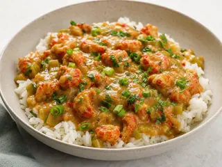 Étouffée de lagostim servido sobre arroz branco com cebolinha e salsa