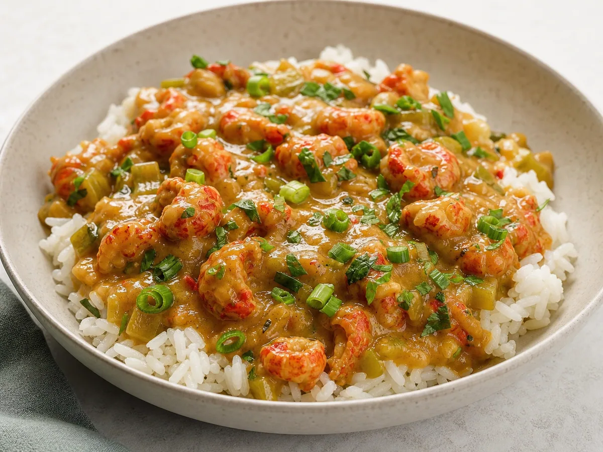 Étouffée de lagostim servido sobre arroz branco com cebolinha e salsa