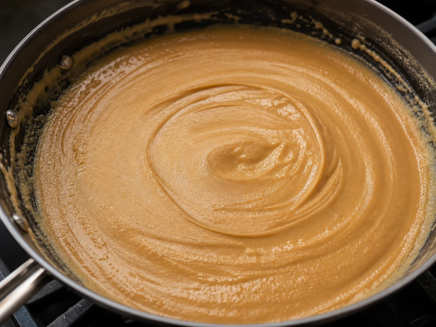 Smooth blond roux at a warm peanut-butter color in a skillet