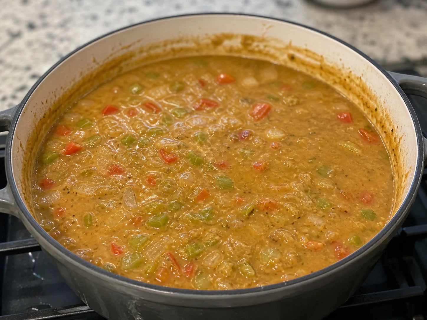 Smooth golden-tan étouffée gravy with tender vegetables lightly coating a spoon