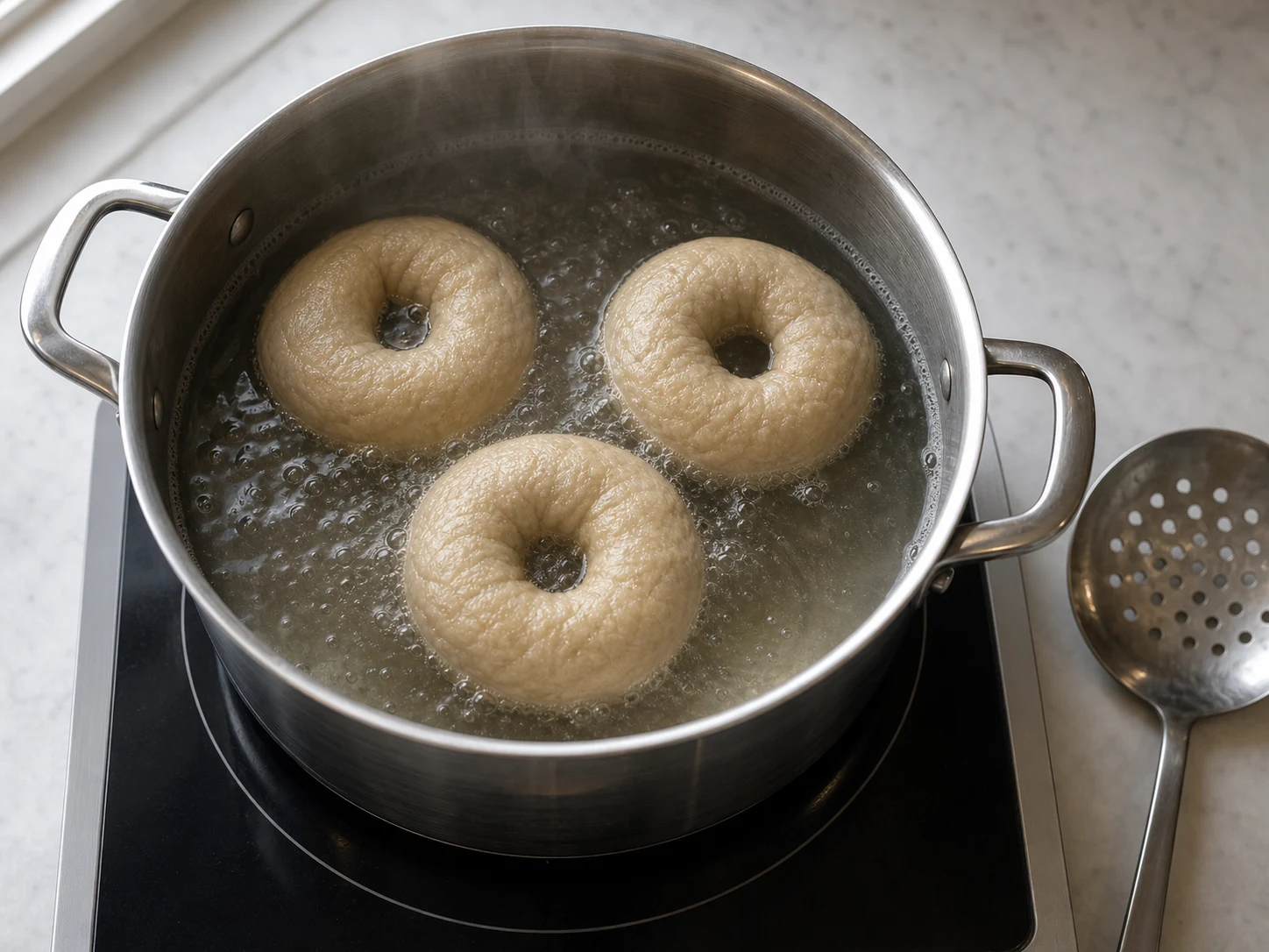 Rye bagel rings floating in a gentle barley malt boil on a stovetop with taut lightly wrinkled surfaces