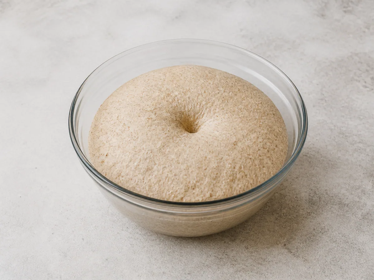 Rye bagel dough risen to about one and a half times its original size in a covered bowl