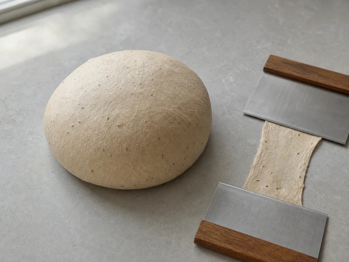 Smooth elastic rye bagel dough with a small test piece stretched thin without tearing