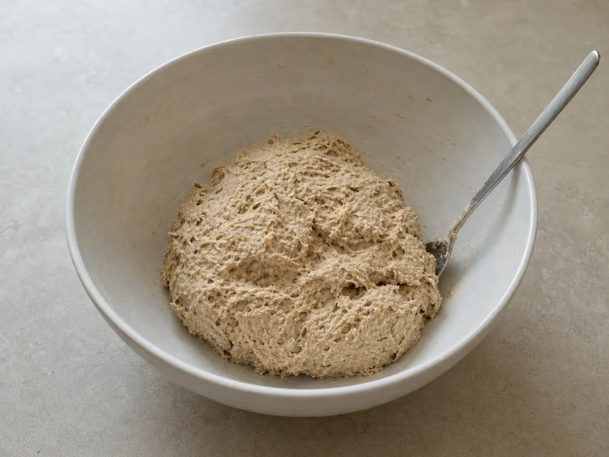 Firm speckled rye bagel dough fully mixed in a bowl with no dry flour remaining