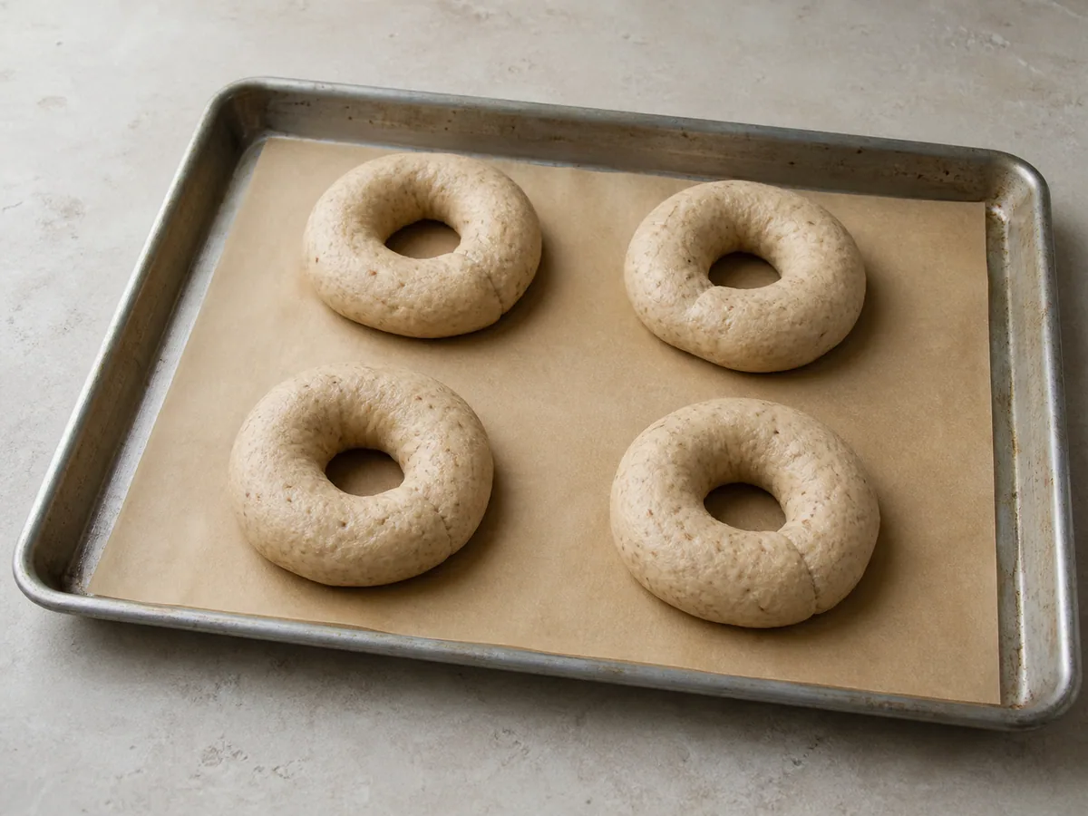 Four representative raw rye bagel rings with smooth sealed seams on a parchment-lined sheet pan