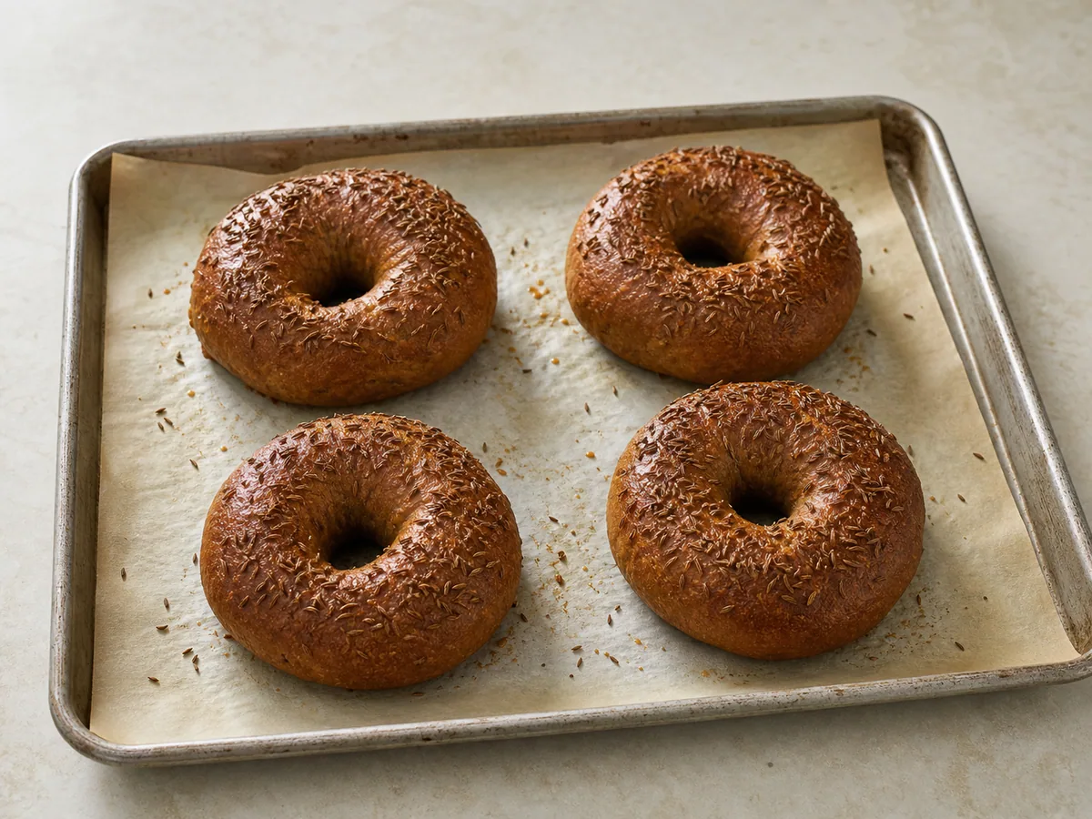 Deep-brown caraway-topped rye bagels fully baked on a parchment-lined sheet pan