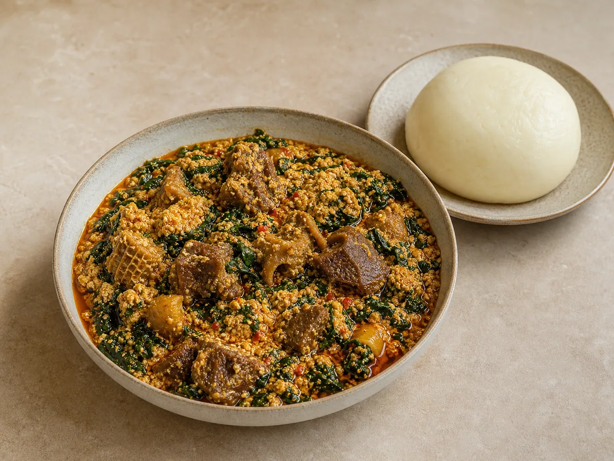 Tazón de sopa nigeriana de egusi con espinaca, carne de res y aceite de palma anaranjado rojizo