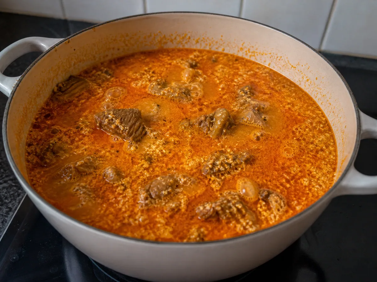 Sopa espessa de egusi com carne cozida, coalhos intactos e poças de óleo de palma