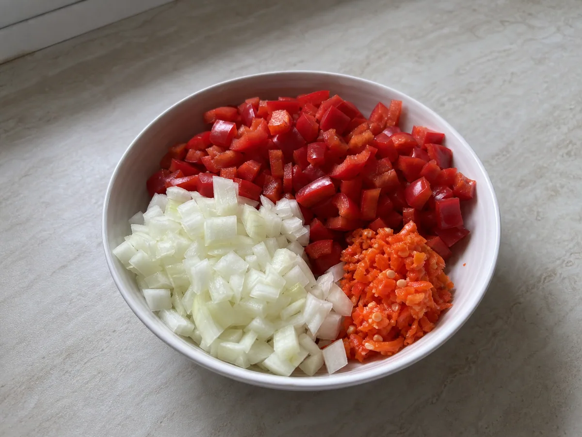 Base de pimentão vermelho e cebola quase lisa em um copo de liquidificador