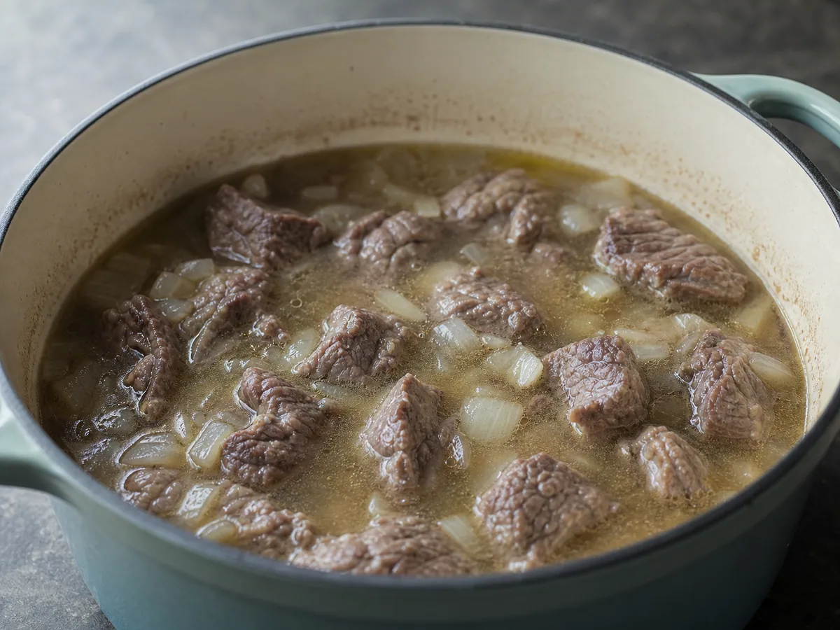 Carne bovina cozida e macia ao garfo ao lado do líquido de cozimento reservado