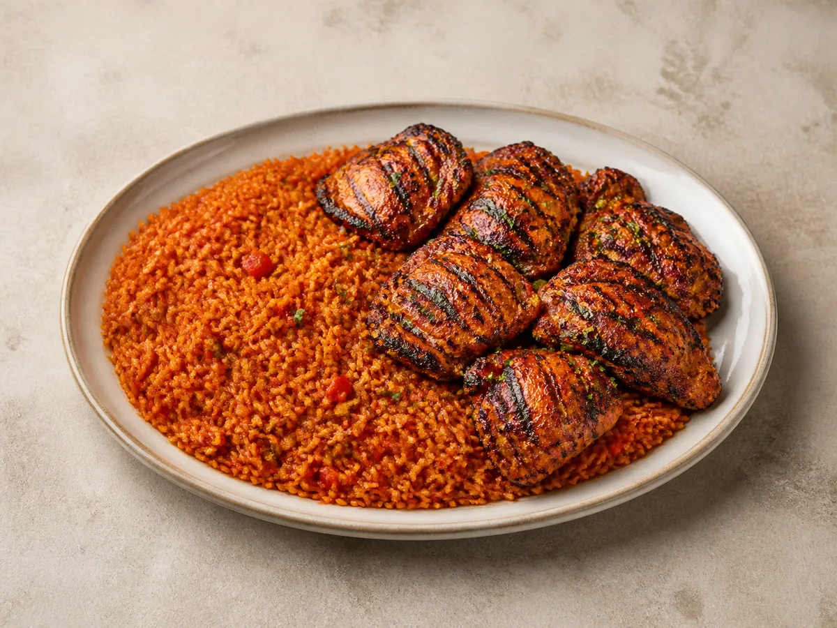 Nigerian jollof rice served with grilled spiced chicken thighs