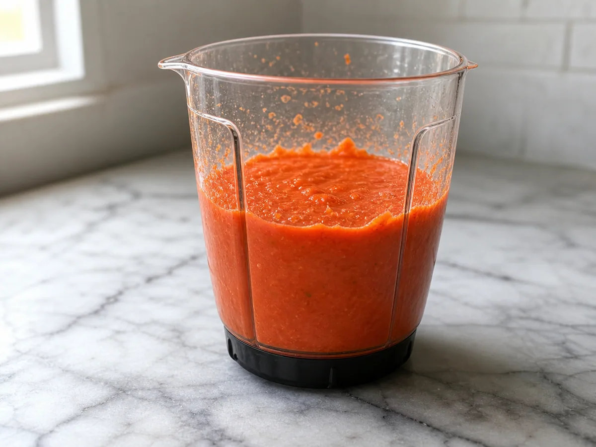 Base lisa de tomate, pimentão vermelho, cebola e Scotch bonnet batida para o arroz jollof nigeriano