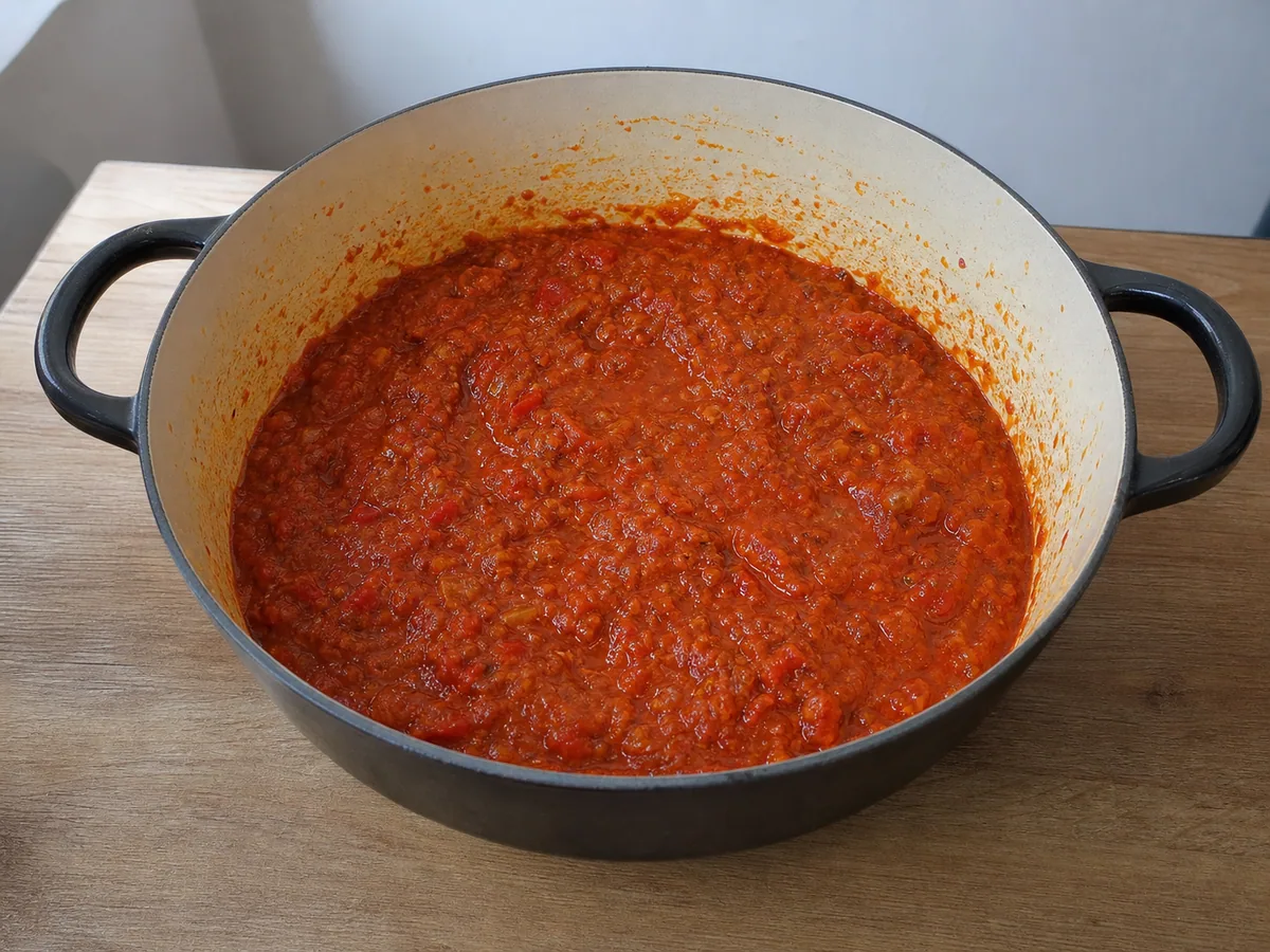 Ensopado jollof nigeriano brilhante com pequenas gotas de óleo nas bordas