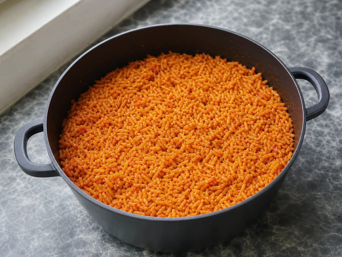 Arroz jollof nigeriano cozido, com líquido absorvido e grãos laranja-avermelhados soltos