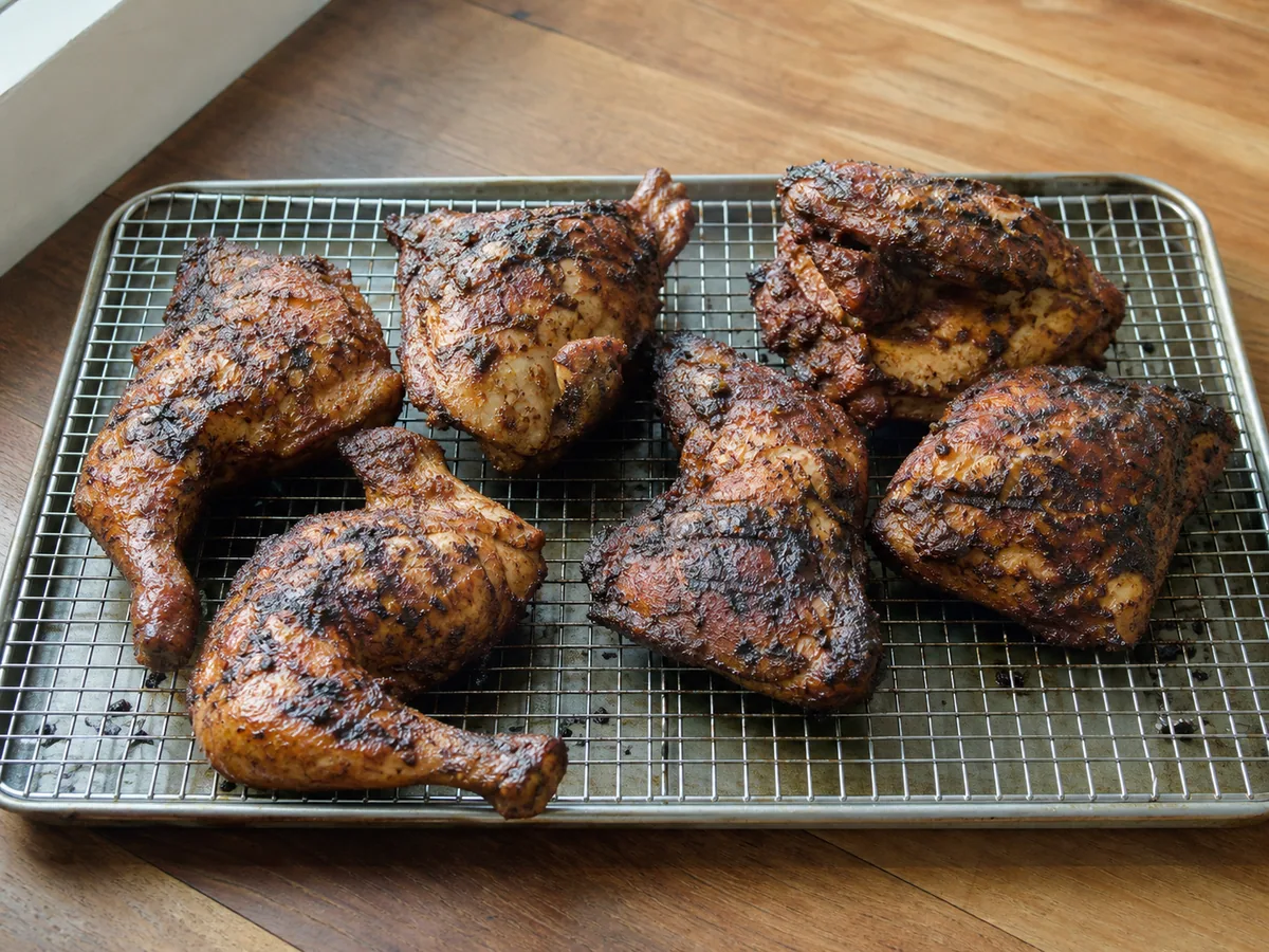 Sobrecoxas de frango grelhadas totalmente cozidas descansando em um prato limpo para o arroz jollof nigeriano