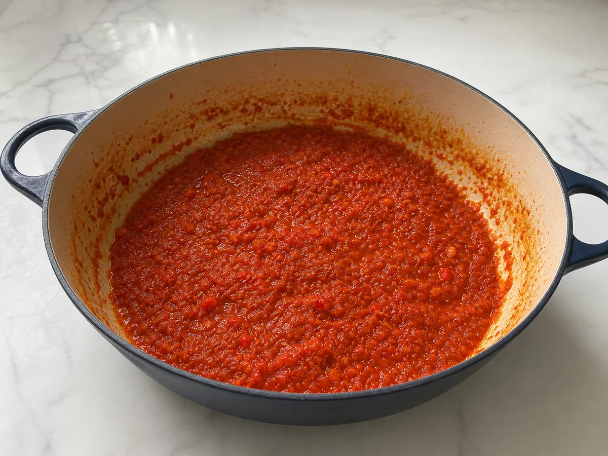 Base de pimentas do jollof nigeriano reduzida até engrossar em uma panela larga