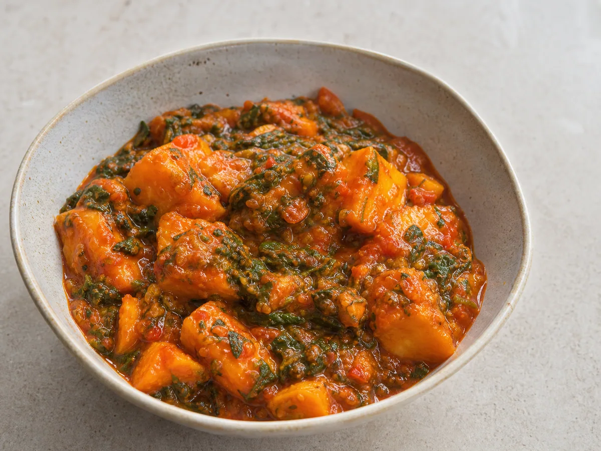 Bowl of Nigerian yam pottage with spinach in a red pepper and palm oil sauce
