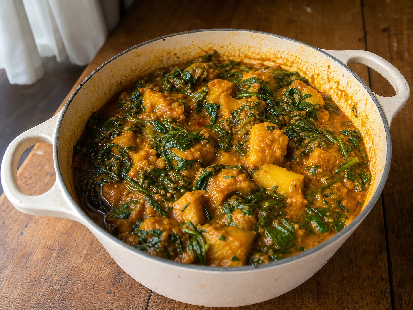 Wilted spinach folded through thick Nigerian yam pottage in the cooking pot