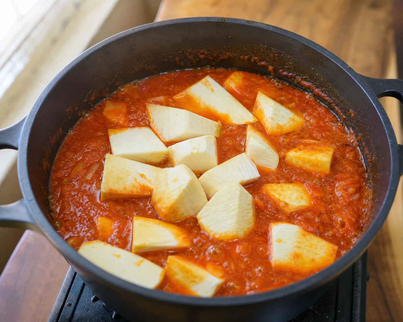 Cooked red pepper and palm oil base with small oil beads before yam is added